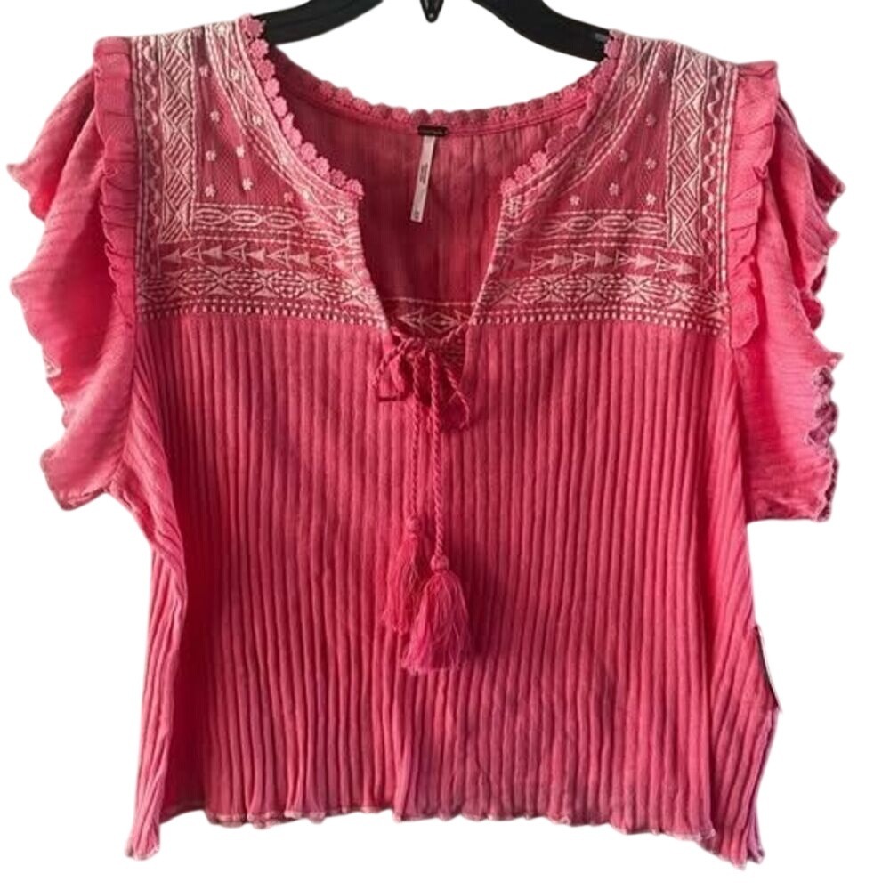 Free People Women's SZ Medium Sarafina Pink Lemonade Shirt/Top Tassle Boho NEW